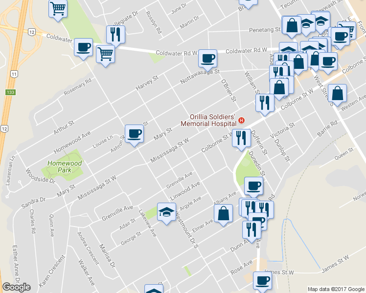 map of restaurants, bars, coffee shops, grocery stores, and more near 289 Mississaga Street West in Orillia