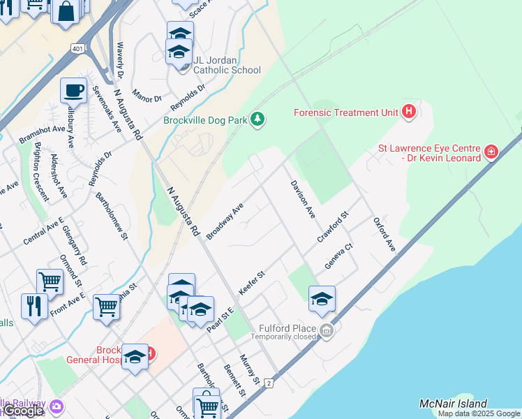 map of restaurants, bars, coffee shops, grocery stores, and more near Winters Court in Brockville