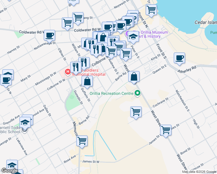 map of restaurants, bars, coffee shops, grocery stores, and more near 78 Barrie Road in Orillia