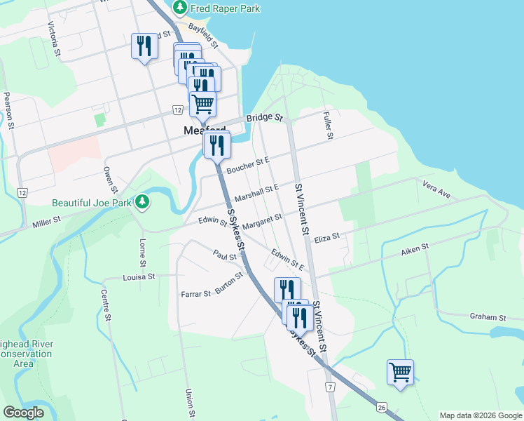 map of restaurants, bars, coffee shops, grocery stores, and more near in Meaford