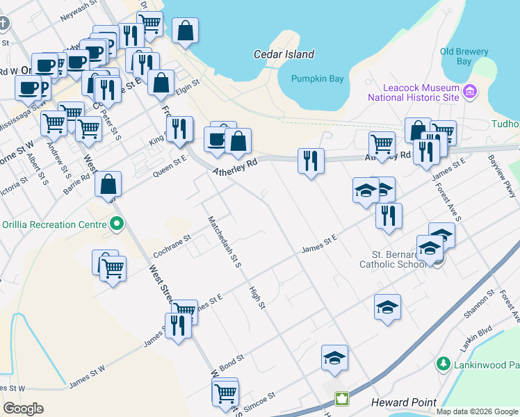 map of restaurants, bars, coffee shops, grocery stores, and more near 256 Gill Street in Orillia