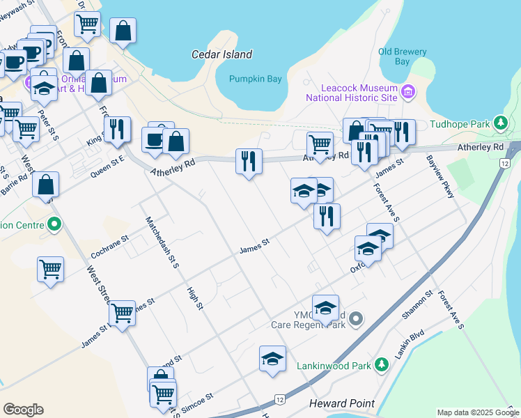 map of restaurants, bars, coffee shops, grocery stores, and more near 296 Moffat Street in Orillia