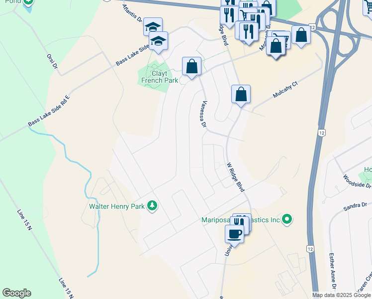 map of restaurants, bars, coffee shops, grocery stores, and more near 3106 Emperor Drive in Orillia