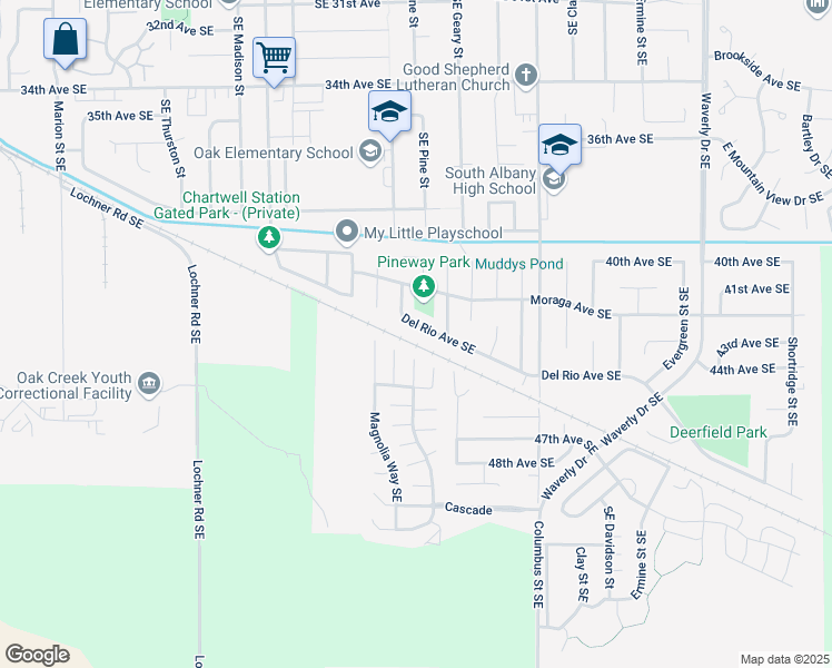 map of restaurants, bars, coffee shops, grocery stores, and more near 1588 Del Rio Avenue Southeast in Albany