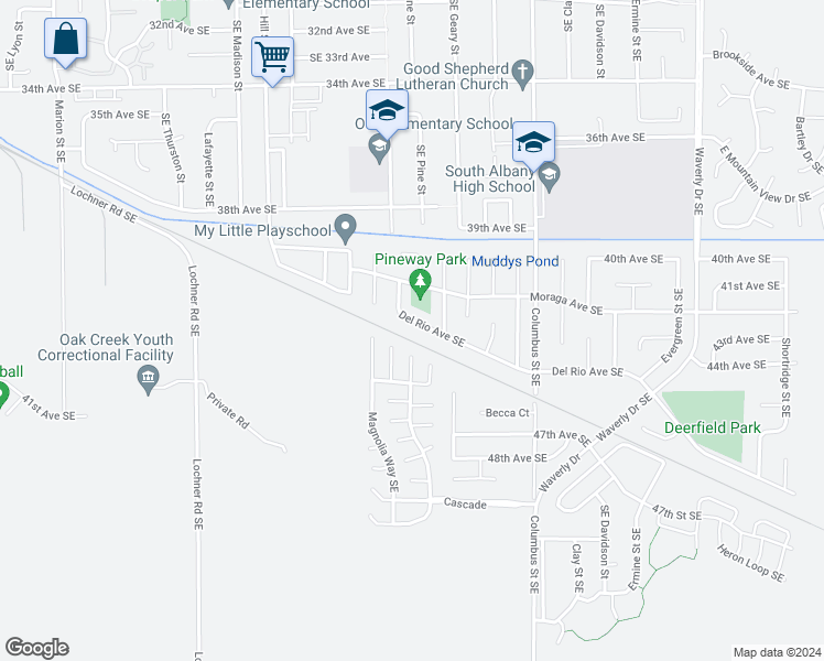 map of restaurants, bars, coffee shops, grocery stores, and more near 1597 Del Rio Avenue Southeast in Albany