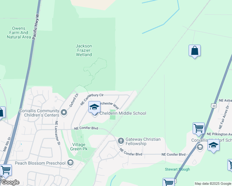 map of restaurants, bars, coffee shops, grocery stores, and more near 3670 Northeast Canterbury Circle in Corvallis