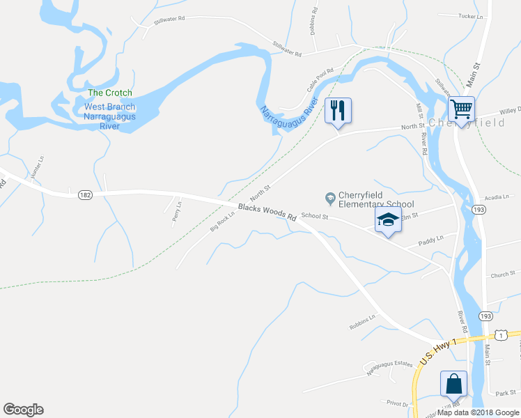 map of restaurants, bars, coffee shops, grocery stores, and more near 59 Blacks Woods Road in Cherryfield