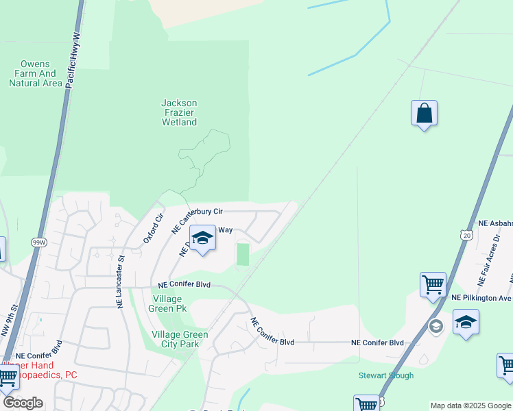 map of restaurants, bars, coffee shops, grocery stores, and more near 3670 Northeast Canterbury Circle in Corvallis