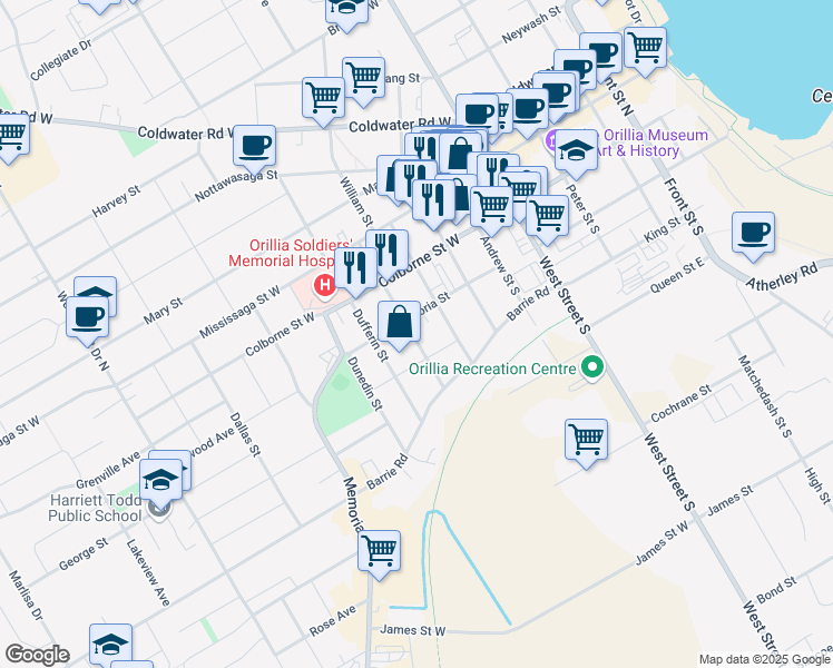 map of restaurants, bars, coffee shops, grocery stores, and more near 96 Dunlop Street in Orillia