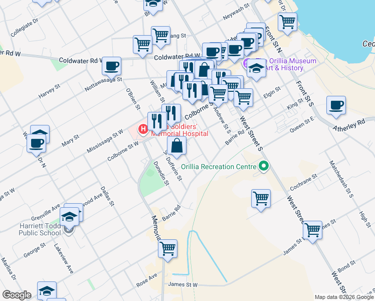 map of restaurants, bars, coffee shops, grocery stores, and more near 96 Dunlop Street in Orillia