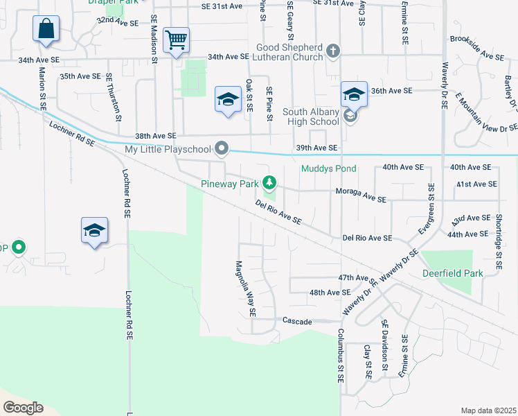 map of restaurants, bars, coffee shops, grocery stores, and more near 1574 Del Rio Avenue Southeast in Albany