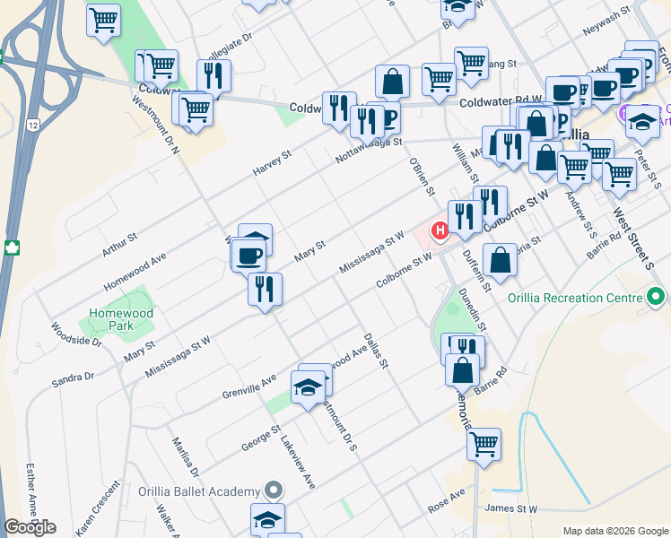 map of restaurants, bars, coffee shops, grocery stores, and more near 282 Mississaga Street West in Orillia