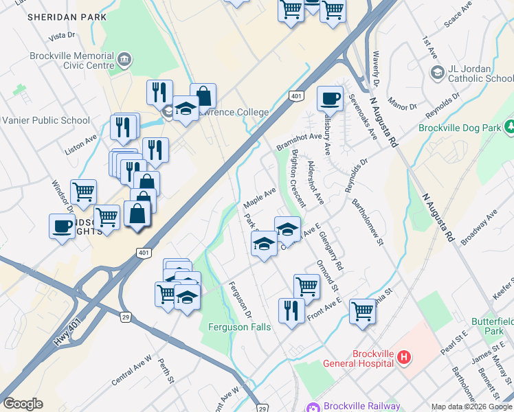 map of restaurants, bars, coffee shops, grocery stores, and more near 11 Maple Avenue in Brockville
