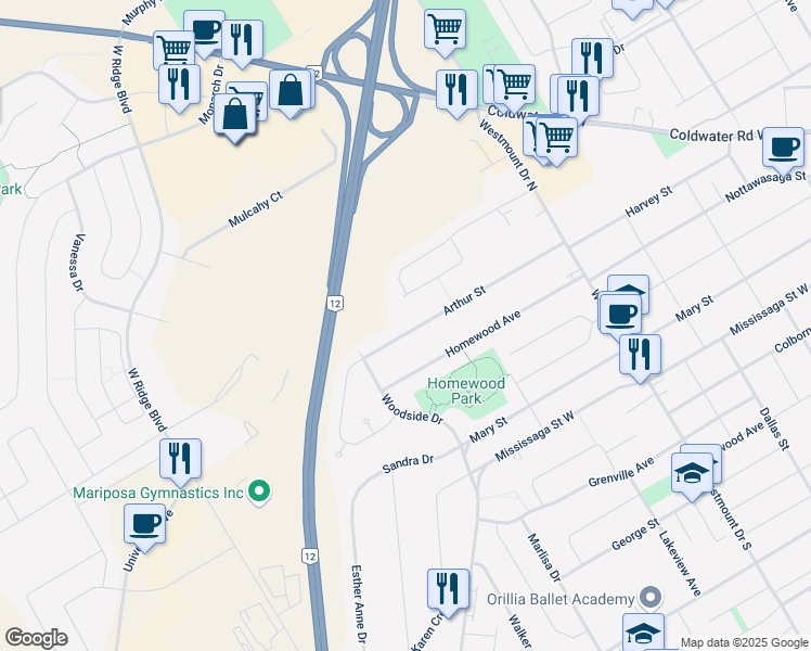map of restaurants, bars, coffee shops, grocery stores, and more near 410 Arthur Street in Orillia