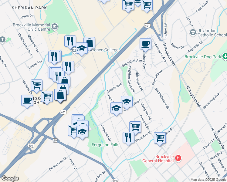 map of restaurants, bars, coffee shops, grocery stores, and more near 13 Maple Avenue in Brockville