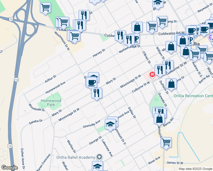 map of restaurants, bars, coffee shops, grocery stores, and more near 303 Mary Street in Orillia