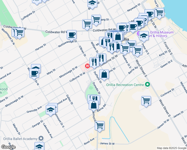 map of restaurants, bars, coffee shops, grocery stores, and more near 55 Dufferin Street in Orillia