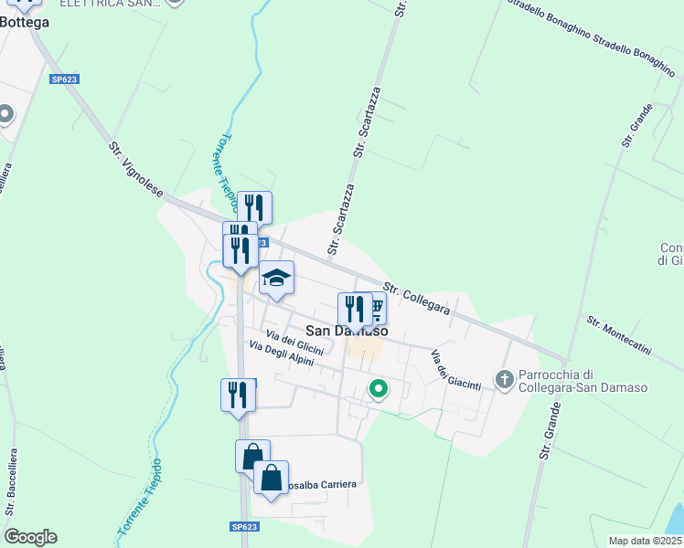 map of restaurants, bars, coffee shops, grocery stores, and more near 64 Strada Collegara in San Damaso