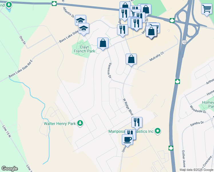 map of restaurants, bars, coffee shops, grocery stores, and more near 108 Pearl Drive in Orillia