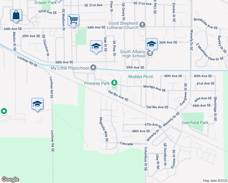 map of restaurants, bars, coffee shops, grocery stores, and more near 1597 Del Rio Avenue Southeast in Albany