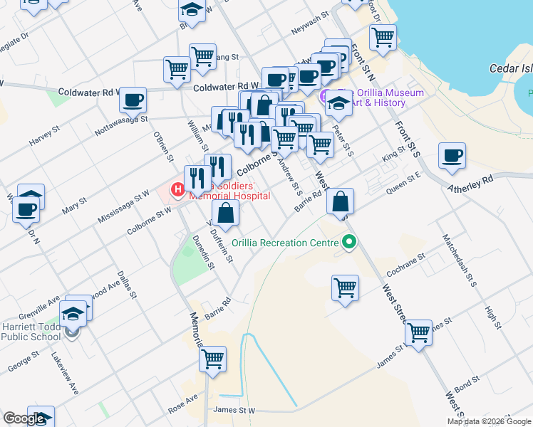 map of restaurants, bars, coffee shops, grocery stores, and more near 110 Wyandotte Street in Orillia