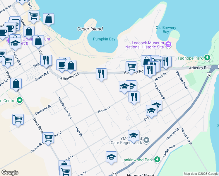 map of restaurants, bars, coffee shops, grocery stores, and more near 296 Moffat Street in Orillia
