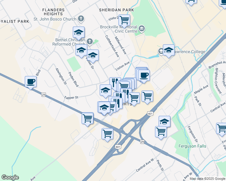 map of restaurants, bars, coffee shops, grocery stores, and more near 8 Windsor Drive in Brockville