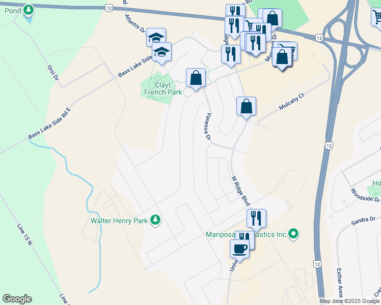 map of restaurants, bars, coffee shops, grocery stores, and more near 3106 Emperor Drive in Orillia