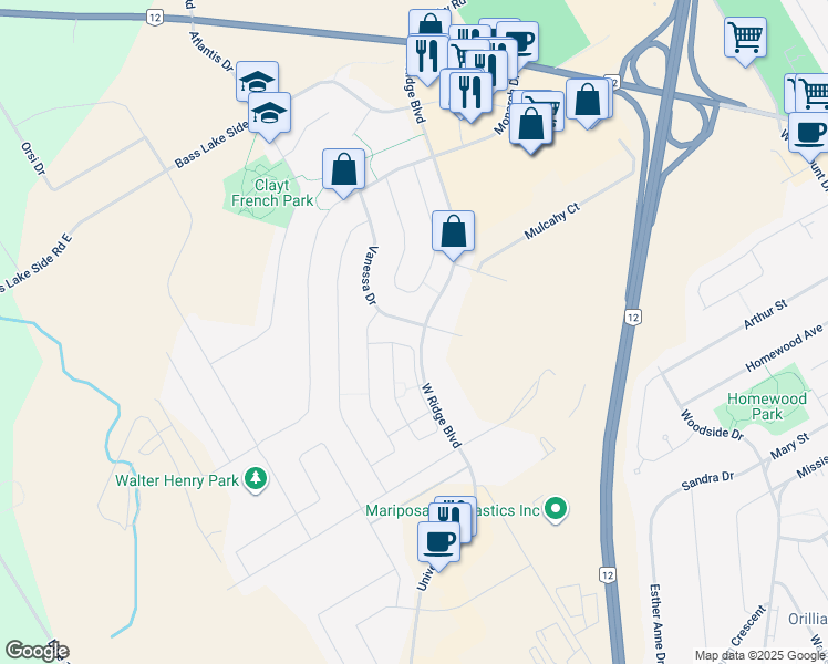 map of restaurants, bars, coffee shops, grocery stores, and more near 2 Vanessa Drive in Orillia