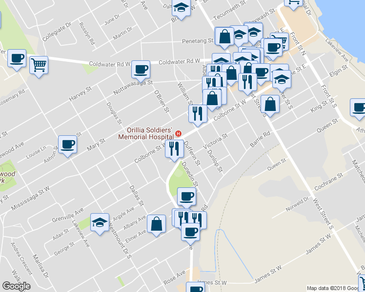 map of restaurants, bars, coffee shops, grocery stores, and more near 55 Dufferin Street in Orillia