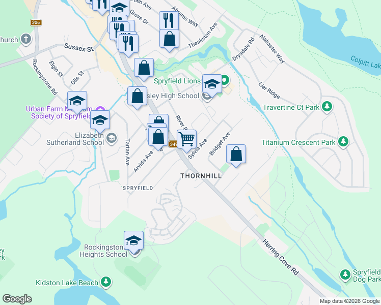 map of restaurants, bars, coffee shops, grocery stores, and more near 6 Sylvia Avenue in Halifax