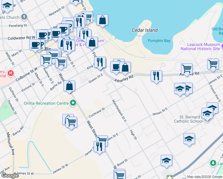 map of restaurants, bars, coffee shops, grocery stores, and more near 90 Poughkeepsie Street in Orillia