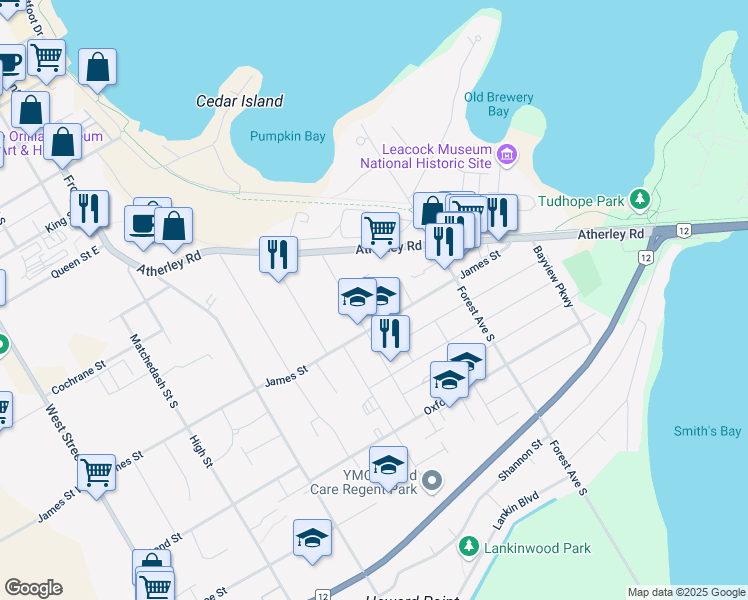 map of restaurants, bars, coffee shops, grocery stores, and more near 228 James Street East in Orillia