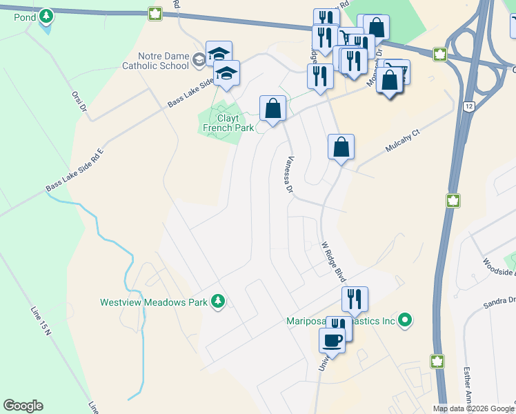 map of restaurants, bars, coffee shops, grocery stores, and more near 3106 Emperor Drive in Orillia