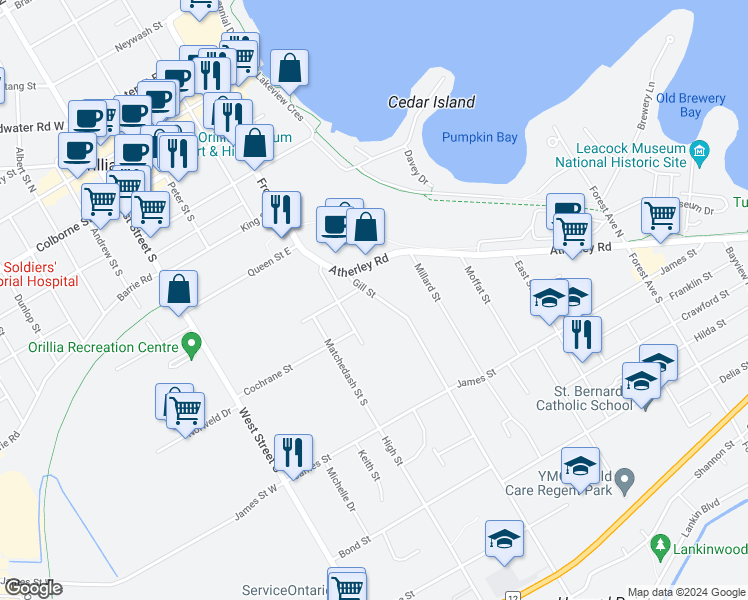 map of restaurants, bars, coffee shops, grocery stores, and more near 247 Gill Street in Orillia