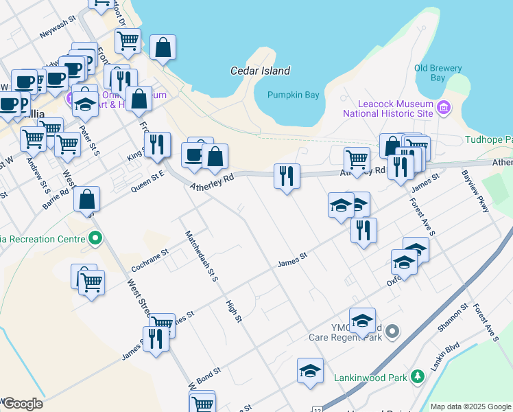 map of restaurants, bars, coffee shops, grocery stores, and more near 263 Millard Street in Orillia