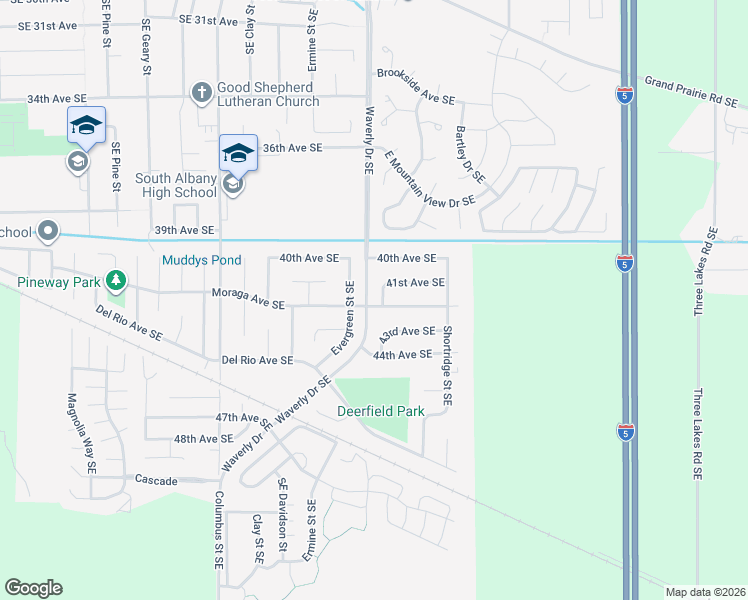 map of restaurants, bars, coffee shops, grocery stores, and more near 4213 Evergreen Street Southeast in Albany