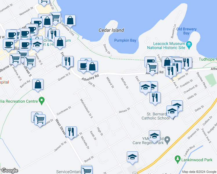 map of restaurants, bars, coffee shops, grocery stores, and more near in Orillia