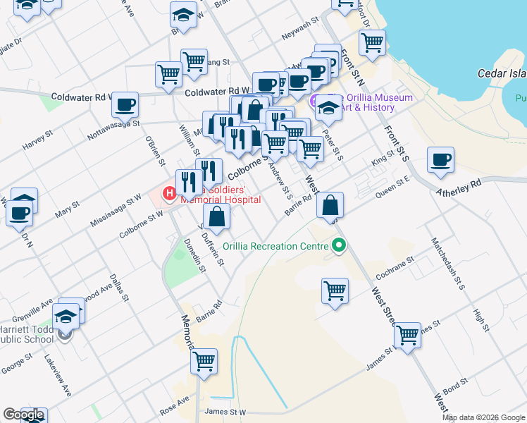 map of restaurants, bars, coffee shops, grocery stores, and more near 110 Wyandotte Street in Orillia