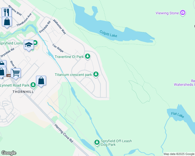map of restaurants, bars, coffee shops, grocery stores, and more near Titanium Crescent in Halifax Regional Municipality