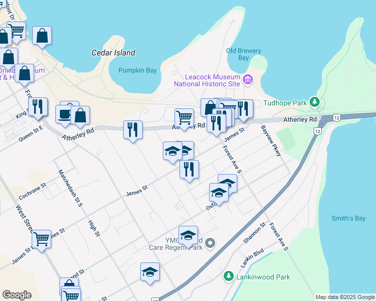 map of restaurants, bars, coffee shops, grocery stores, and more near 228 James Street East in Orillia