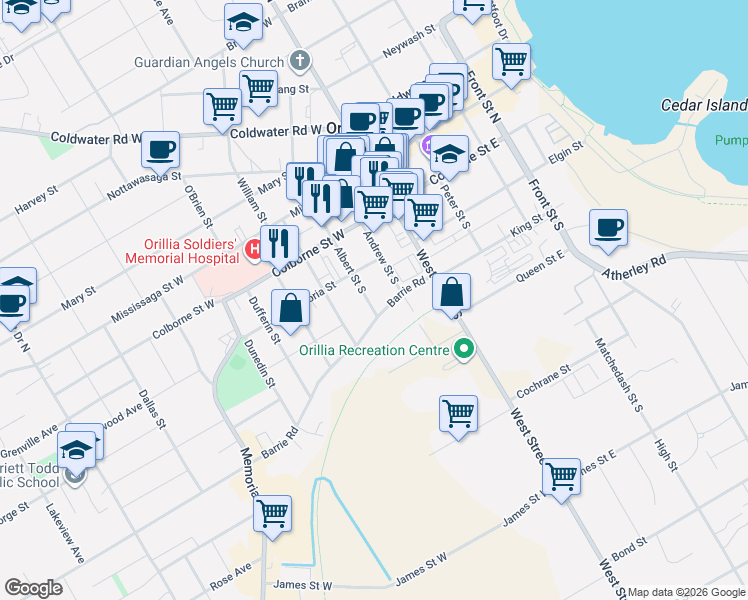 map of restaurants, bars, coffee shops, grocery stores, and more near 116 Albert Street South in Orillia