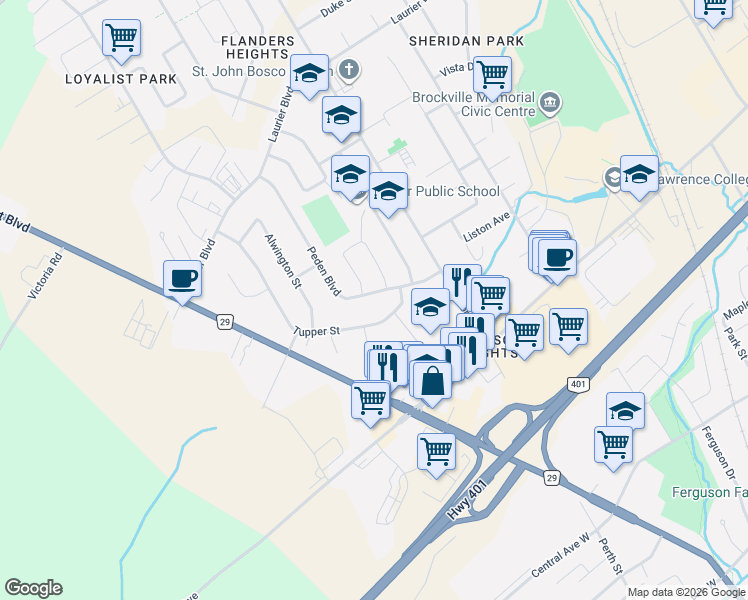 map of restaurants, bars, coffee shops, grocery stores, and more near 26 Peden Boulevard in Brockville