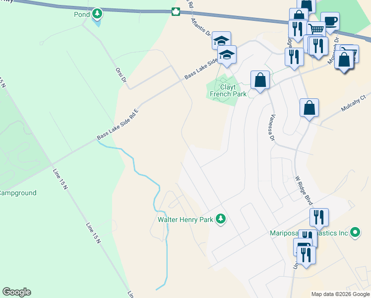 map of restaurants, bars, coffee shops, grocery stores, and more near 3185-3217 Bass Lake Side Road East in Orillia