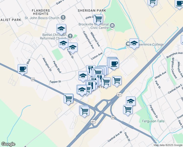 map of restaurants, bars, coffee shops, grocery stores, and more near 17 Windsor Drive in Brockville