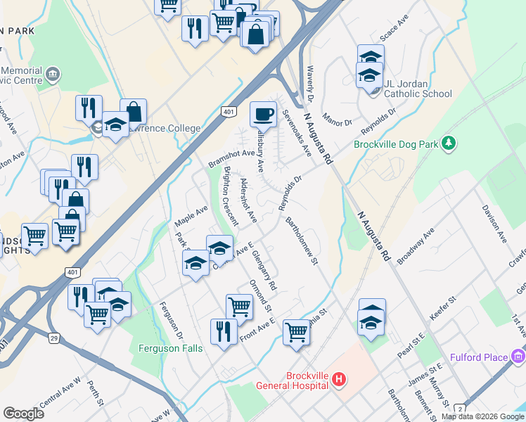 map of restaurants, bars, coffee shops, grocery stores, and more near 27 Aldershot Avenue in Brockville