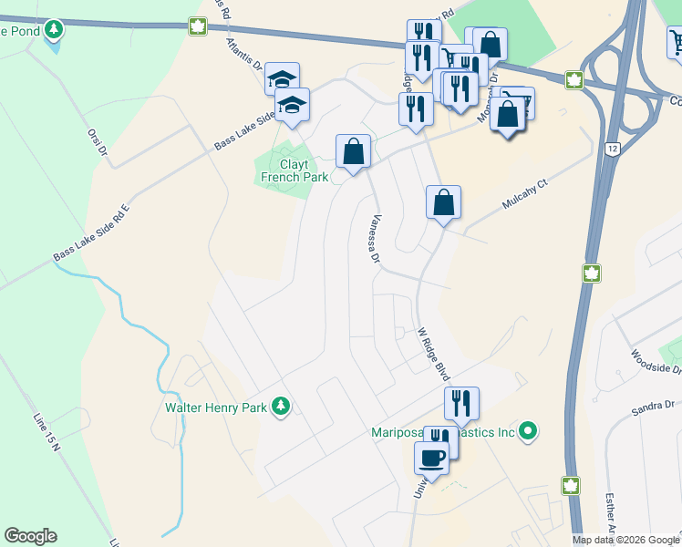 map of restaurants, bars, coffee shops, grocery stores, and more near 3106 Emperor Drive in Orillia