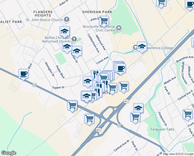 map of restaurants, bars, coffee shops, grocery stores, and more near 17 Windsor Drive in Brockville