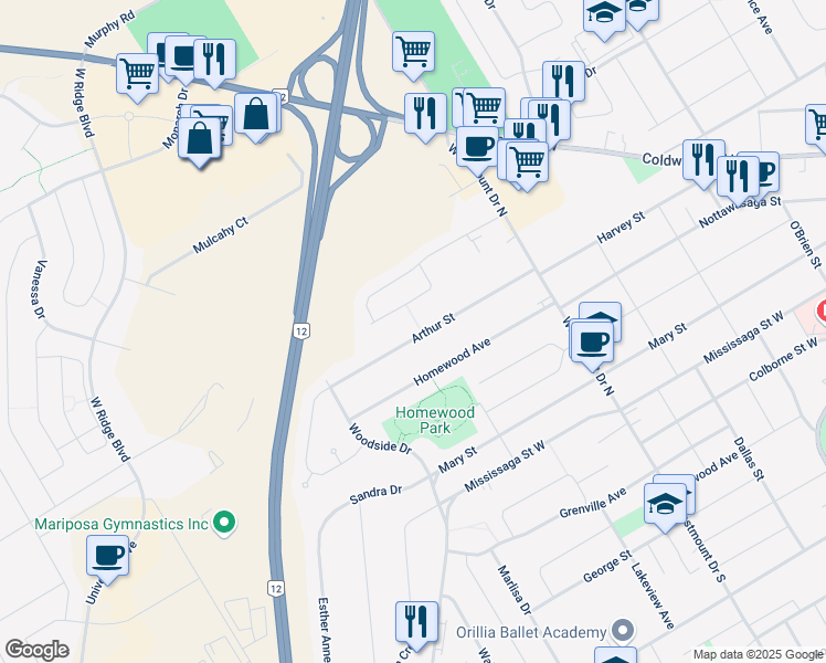 map of restaurants, bars, coffee shops, grocery stores, and more near 392 Arthur Street in Orillia
