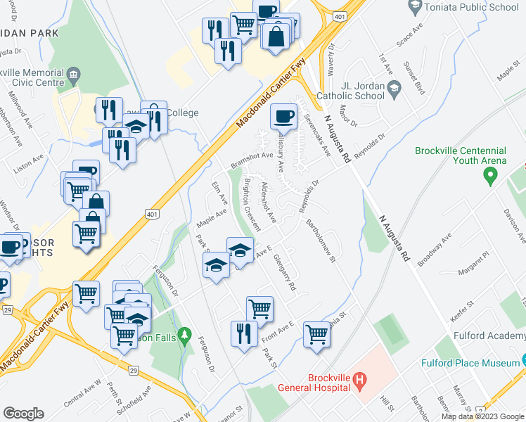 map of restaurants, bars, coffee shops, grocery stores, and more near 40 Aldershot Avenue in Brockville